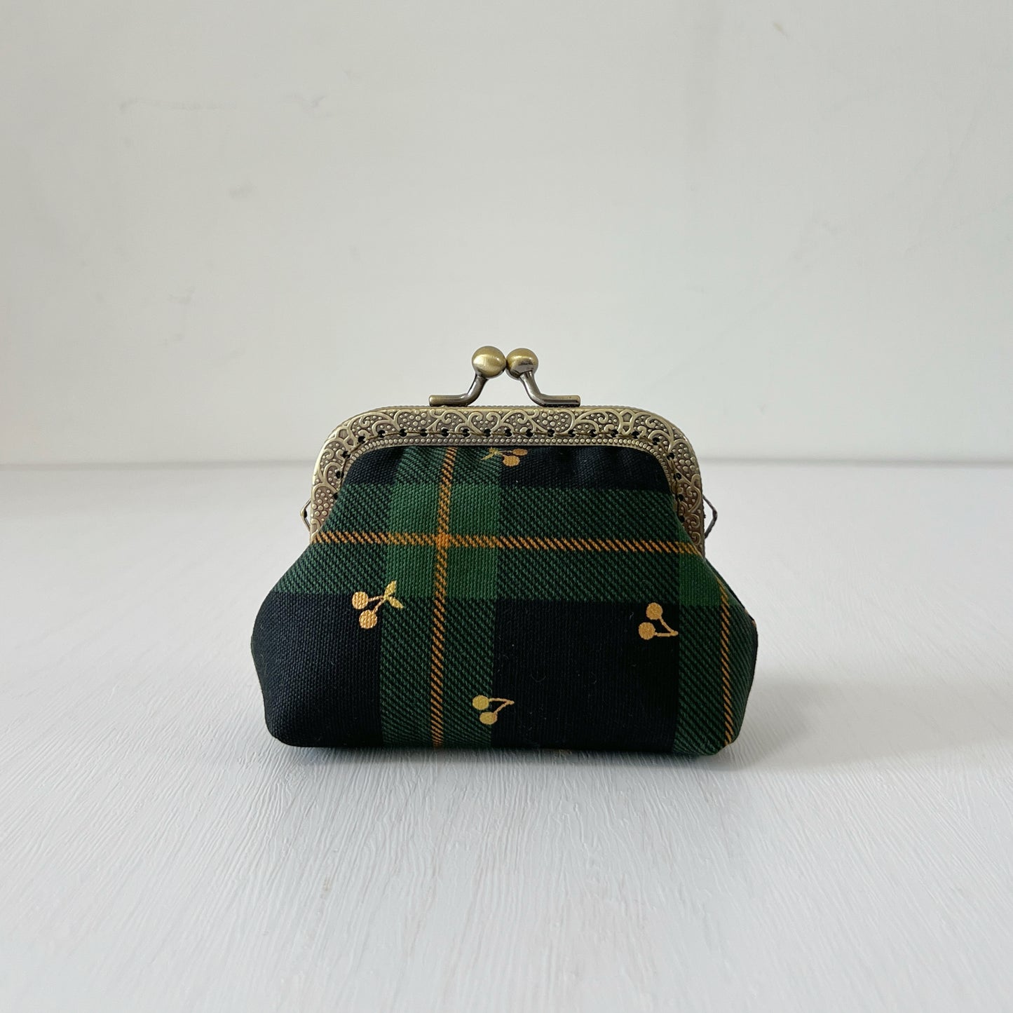 Green Tartan Gold Cherries - Handmade Fabric Kiss Lock Purse