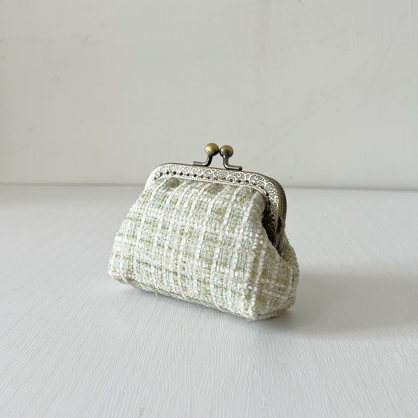 Green Bouclé Tweed - Handmade Fabric Kiss Lock Purse