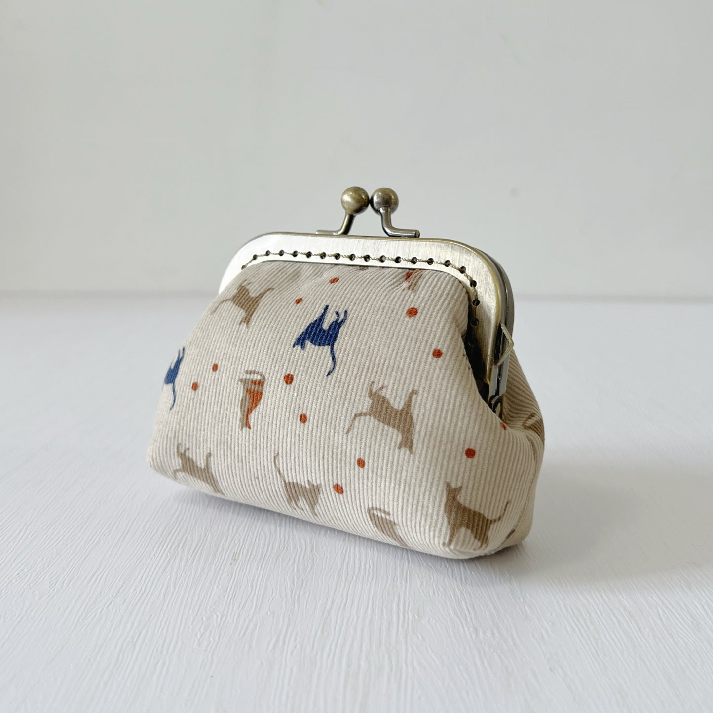 Beige Cats Corduroy Fabric Purse - Handsewn Kiss Lock Purse