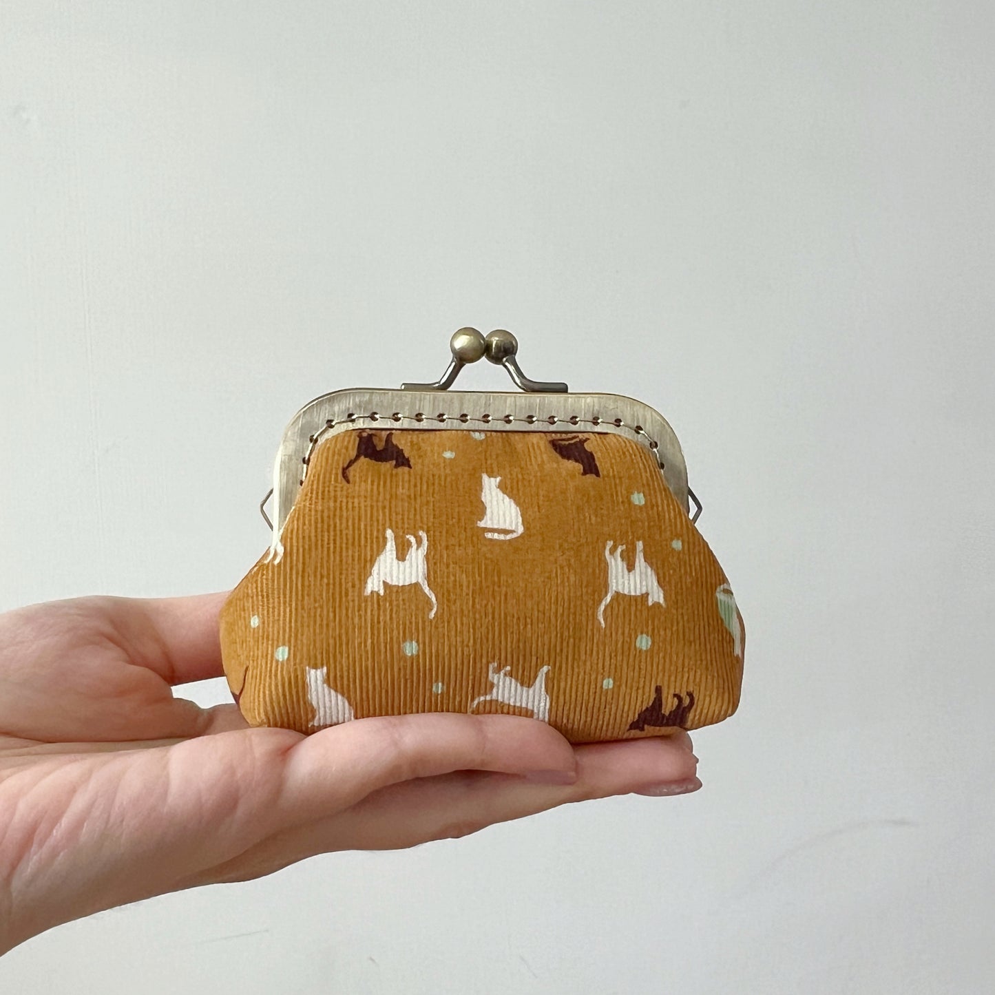 Ginger Cats Corduroy Fabric Purse - Handsewn Kiss Lock Purse