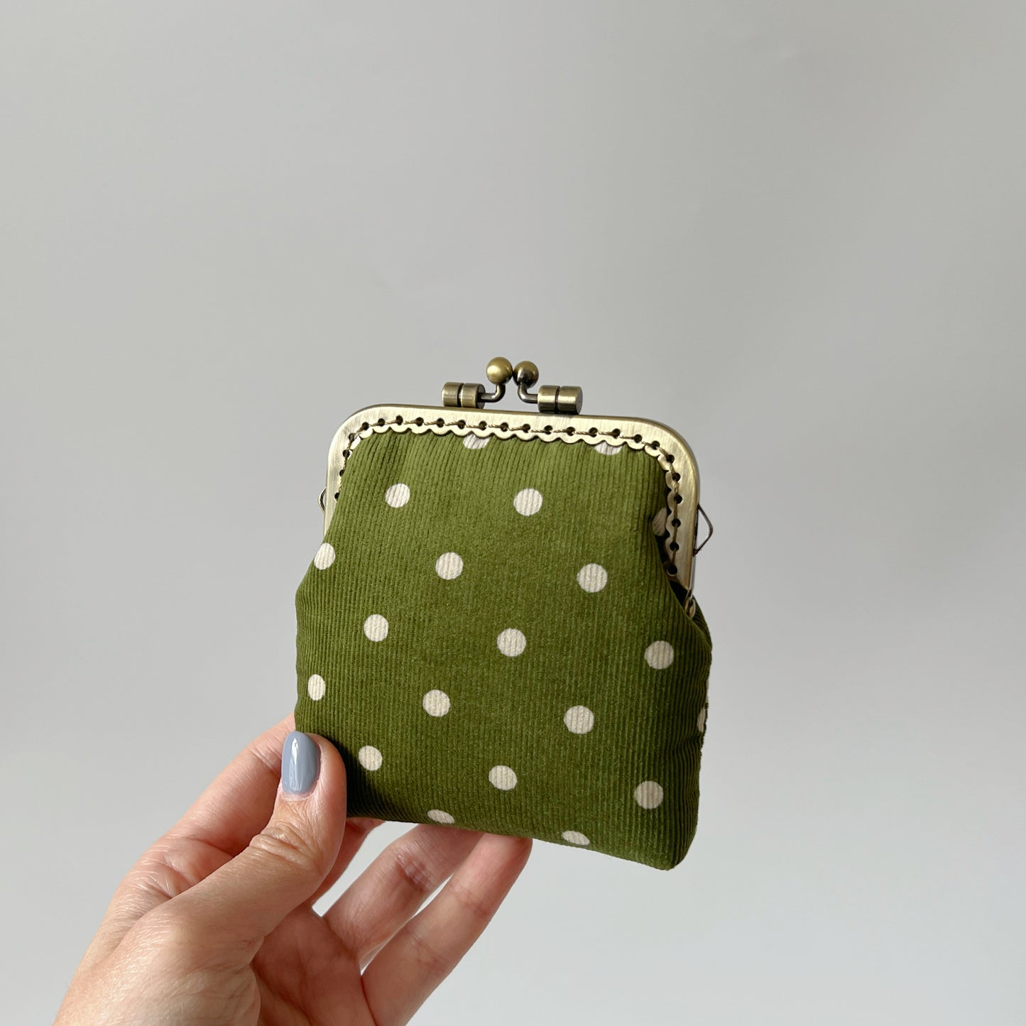 Olive Green Corduroy Polka Dots Card Purse - Handsewn Kiss Lock Fabric Purse