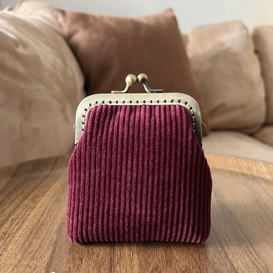 Wine Red Corduroy Card Purse - Handsewn Kiss Lock Purse