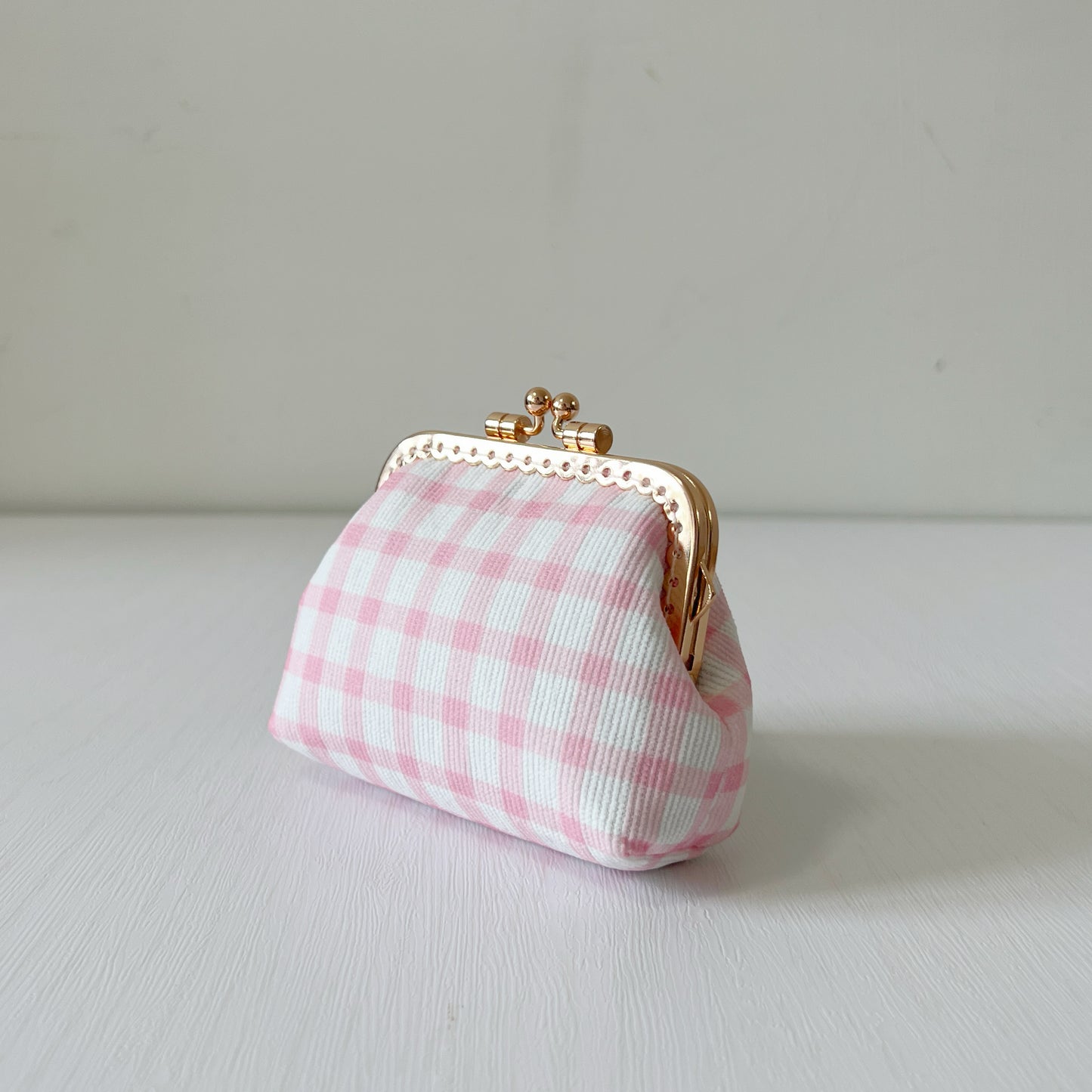 Baby Pink Tiles - Handmade Corduroy Fabric Kiss Lock Purse