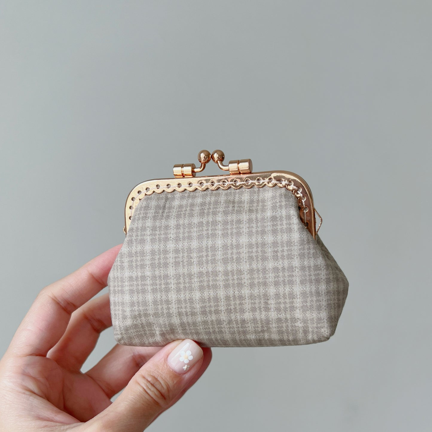 Beige Tartan - Handmade Fabric Kiss Lock Purse