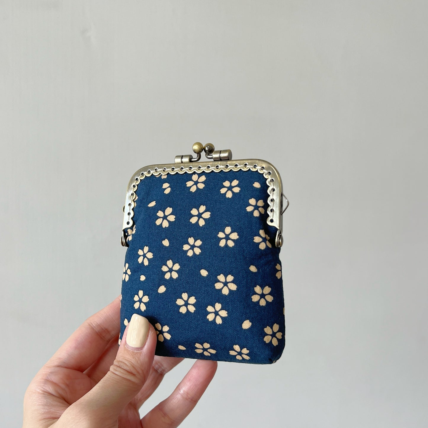 Blue Cherry Blossom - Handsewn Kiss Lock Fabric Card Purse - Cotton