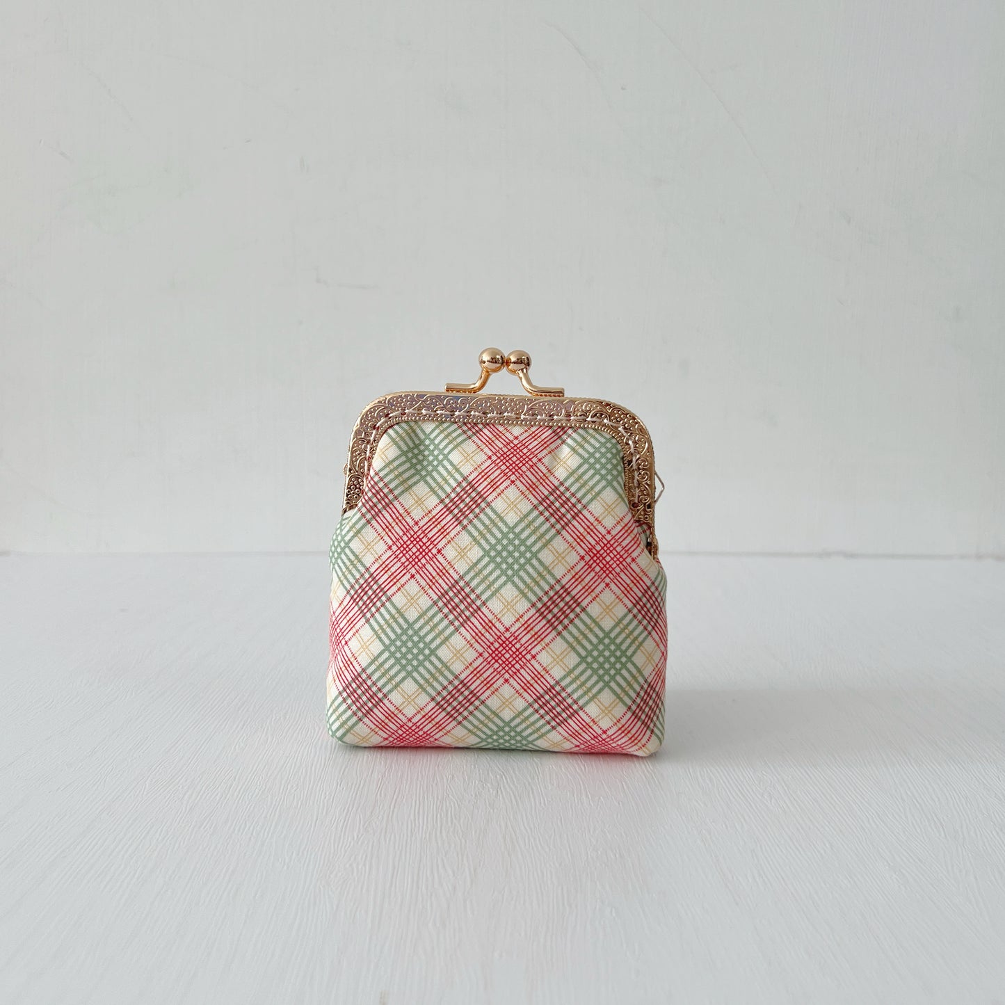 Handsewn Kiss Lock Card Purse - Red Green Cotton Tartan Pattern