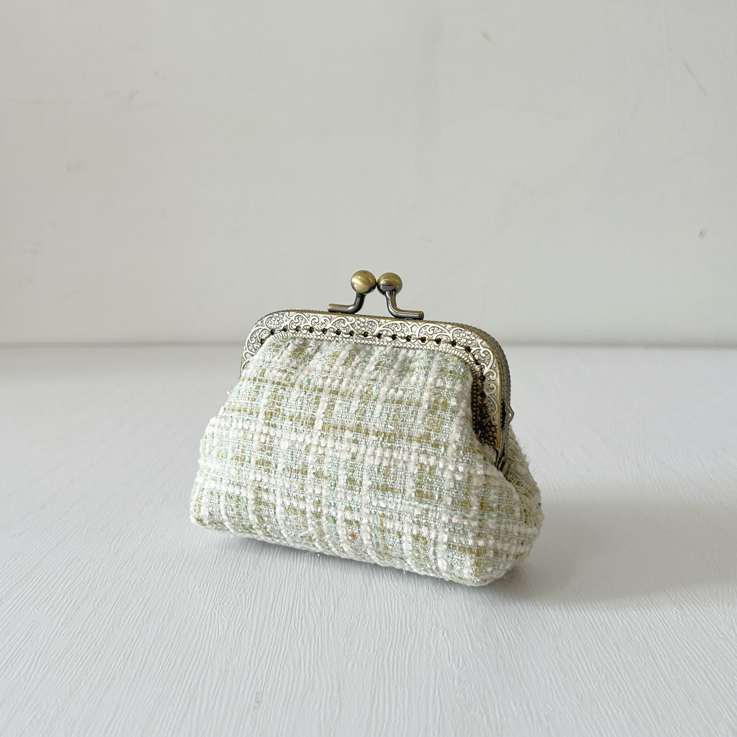 Green Bouclé Tweed - Handmade Fabric Kiss Lock Purse