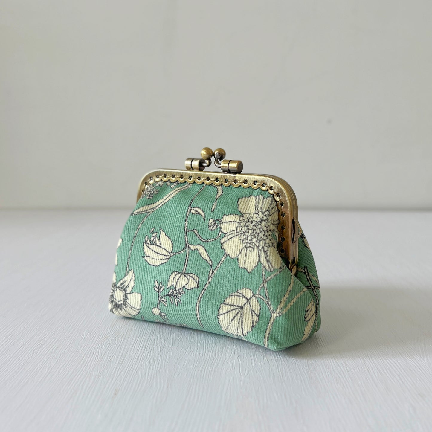 Mint Green Floral - Handmade Fabric Kiss Lock Purse