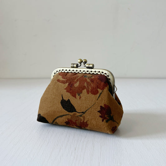 Brown Oriental Floral - Handmade Corduroy Fabric Kiss Lock Purse