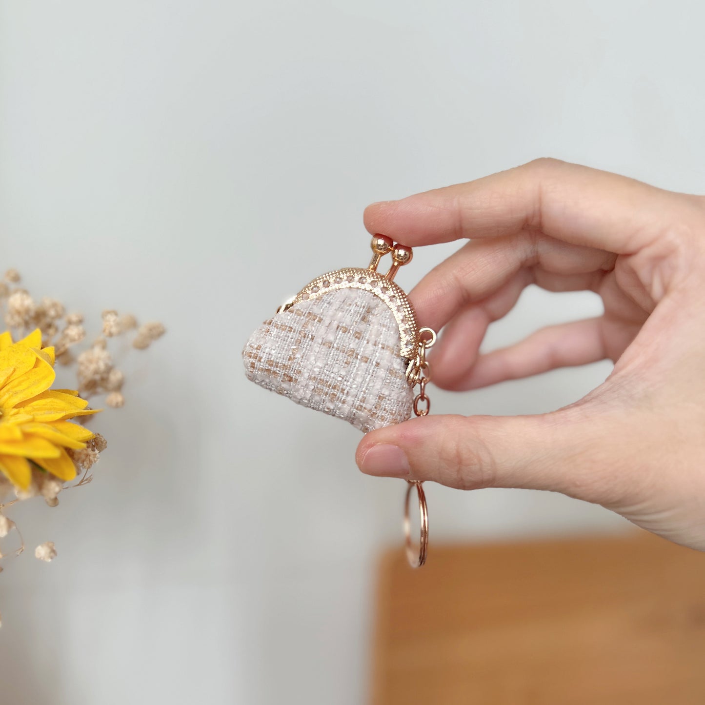 Beige Bouclé Tweed - Handmade Mini Tiny Fabric Kiss Lock Purse Keychain