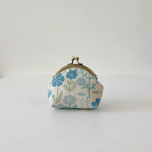 Handmade Round Kiss Lock Fabric Purse - Vintage Soft Blue Floral Linen