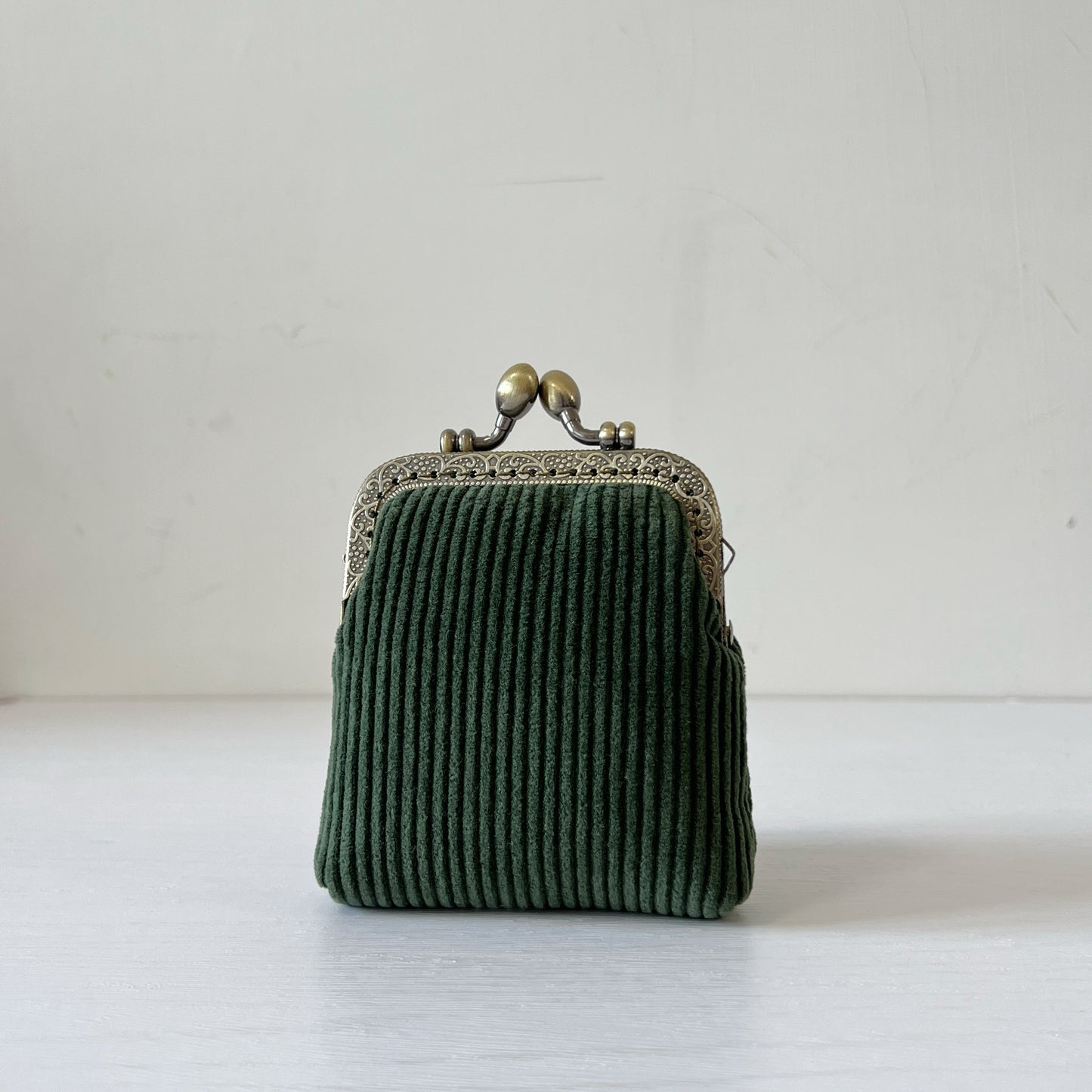 Green Corduroy Card Purse - Handsewn Kiss Lock Purse