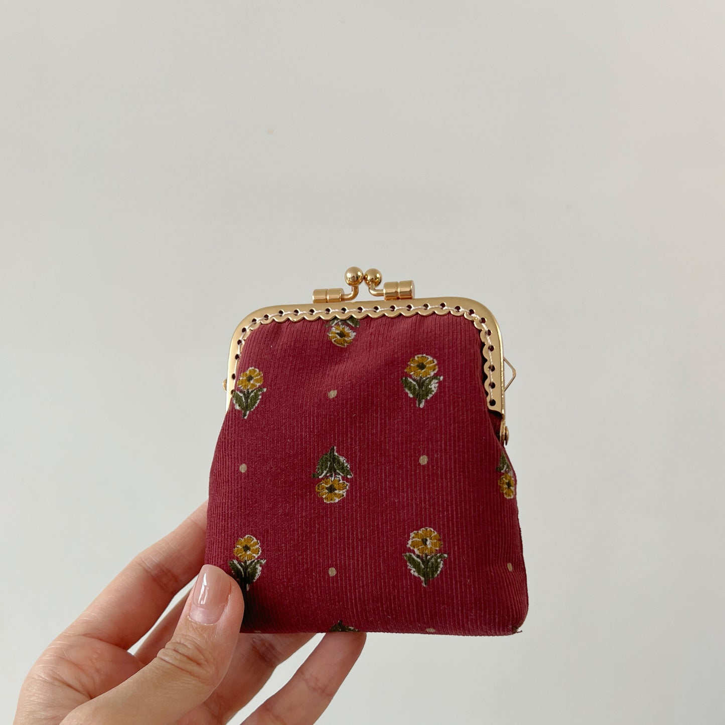 Wine Red Corduroy Florals Card Purse - Handsewn Kiss Lock Purse