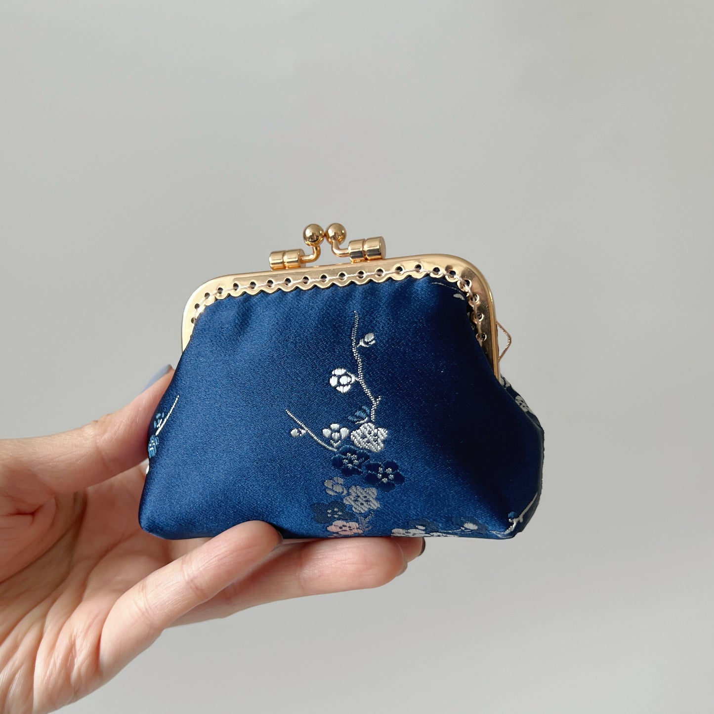 Blue Cherry Blossoms Satin - Handmade Fabric Kiss Lock Coin Purse
