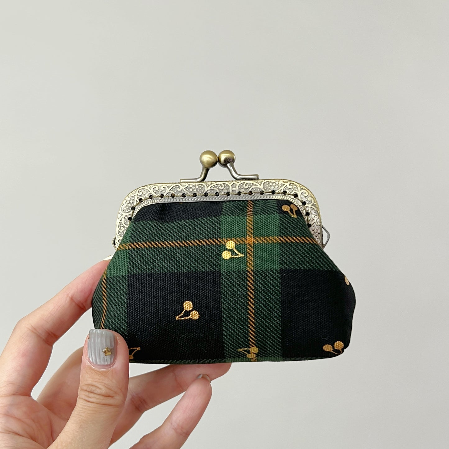 Green Tartan Gold Cherries - Handmade Fabric Kiss Lock Purse