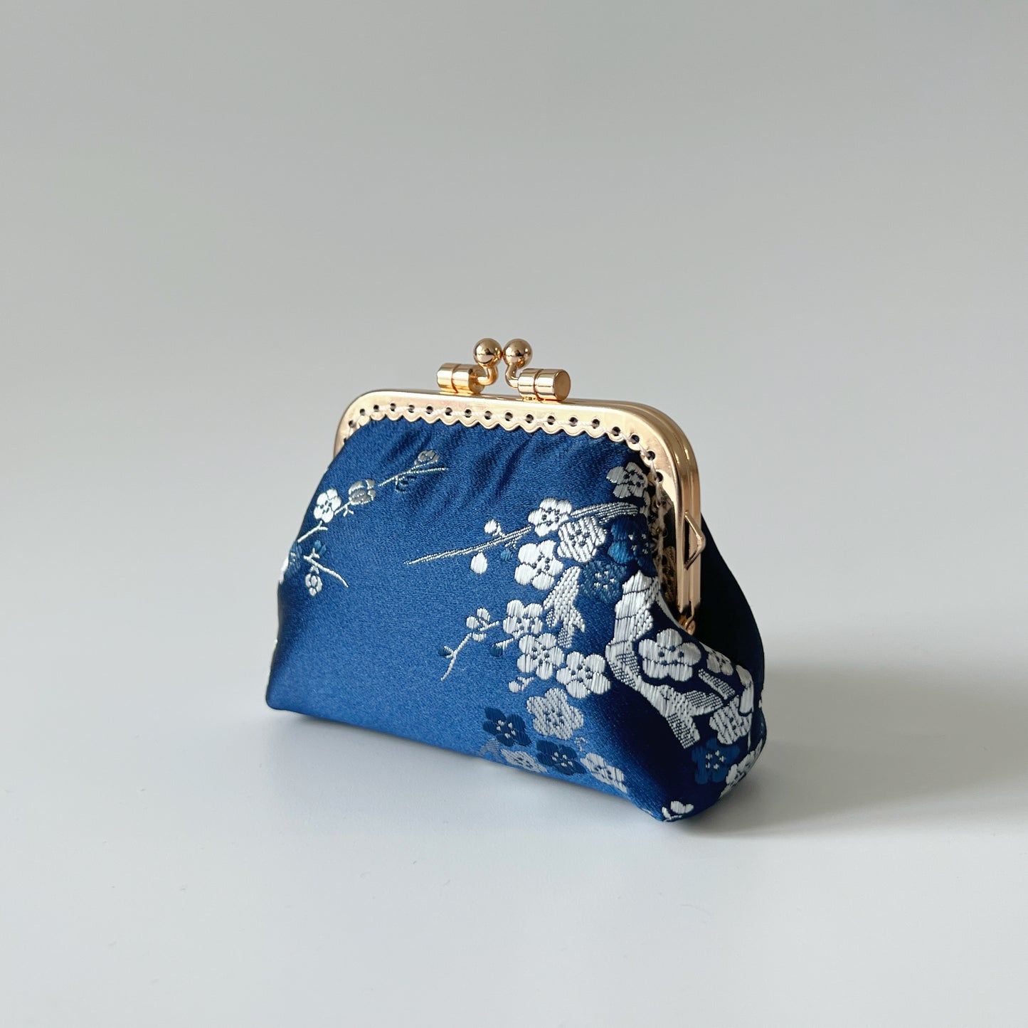 Blue Cherry Blossoms Satin - Handmade Fabric Kiss Lock Coin Purse