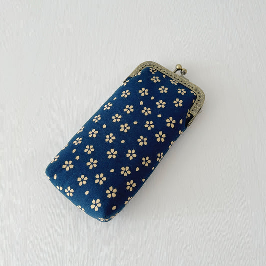 Blue Blossoms Linen - Handmade Eye-glasses Pouch - Kiss Lock Purse