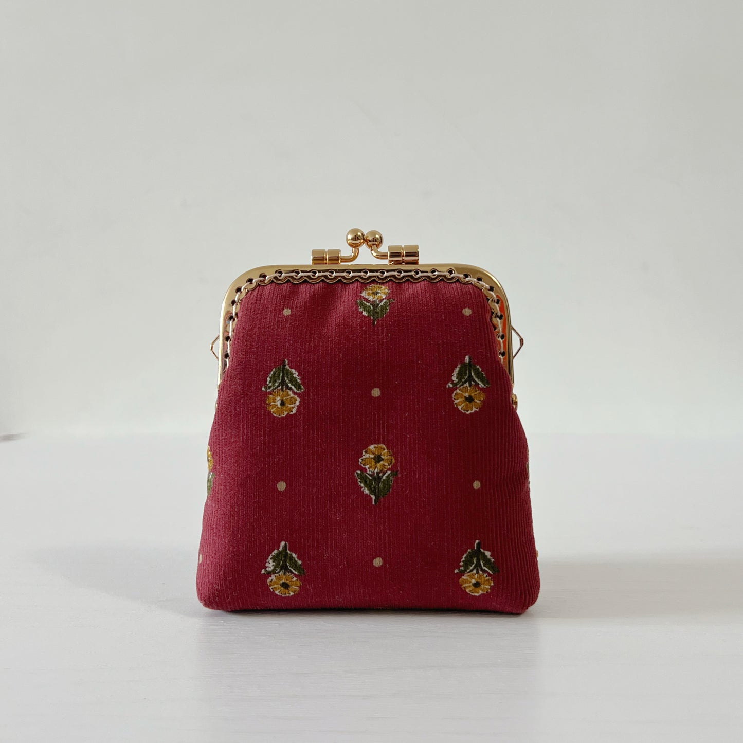 Wine Red Corduroy Florals Card Purse - Handsewn Kiss Lock Purse