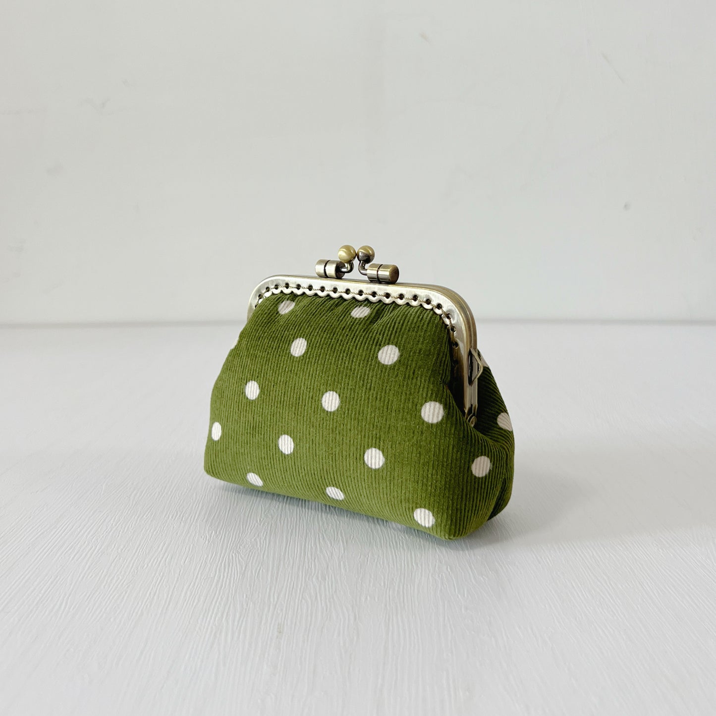 Green Polka Dots Corduroy Fabric Purse - Handsewn Kiss Lock Purse
