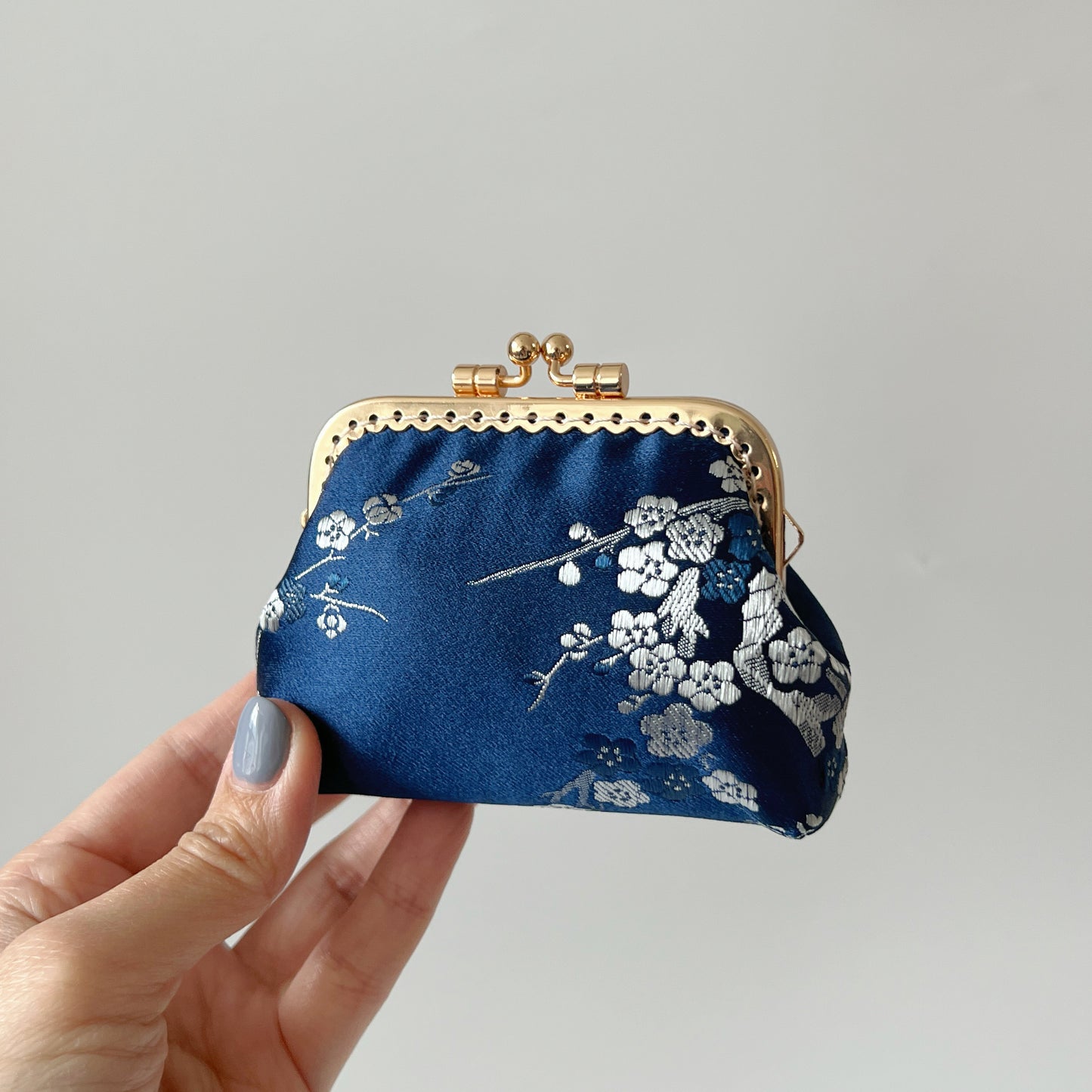 Blue Cherry Blossoms Satin - Handmade Fabric Kiss Lock Coin Purse
