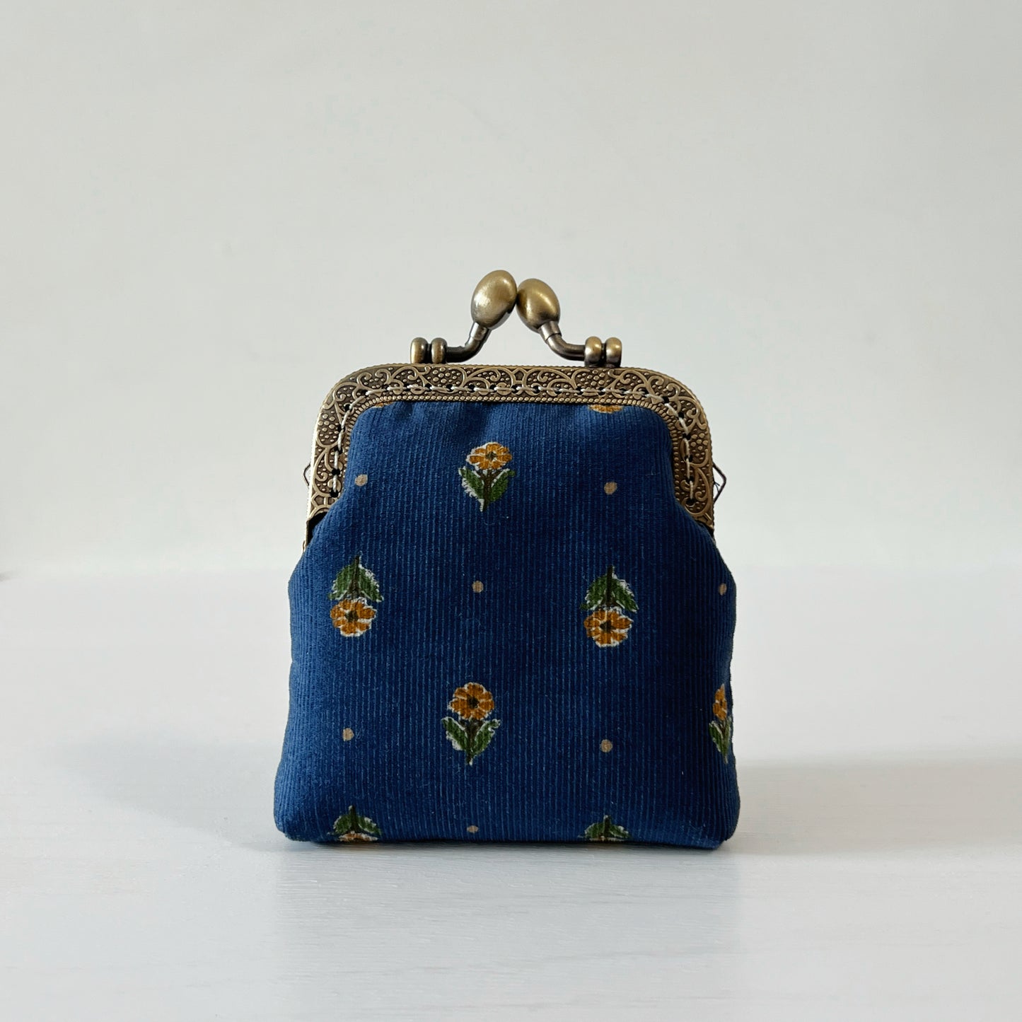 Old Blue Corduroy Florals Card Purse - Handsewn Kiss Lock Purse
