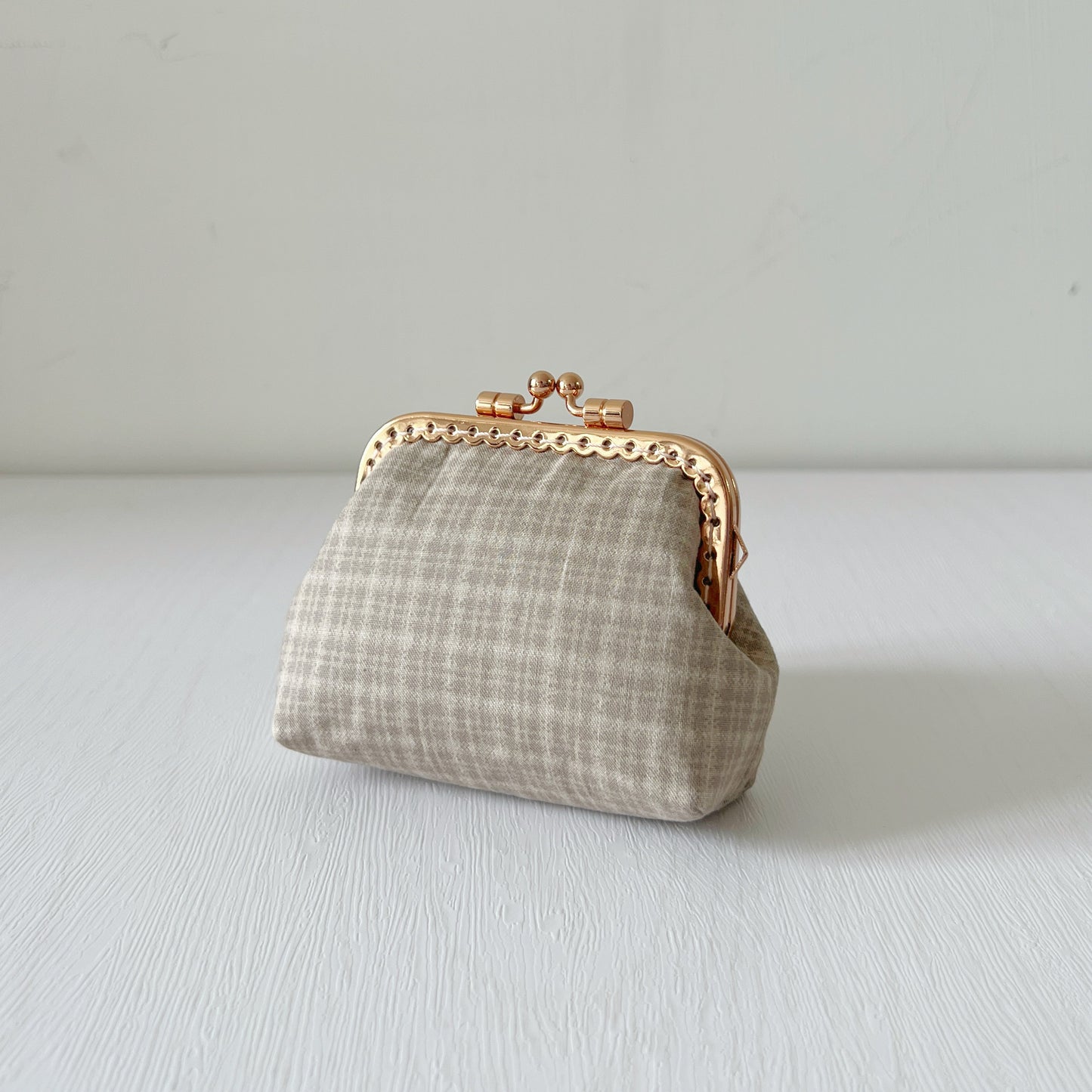 Beige Tartan - Handmade Fabric Kiss Lock Purse