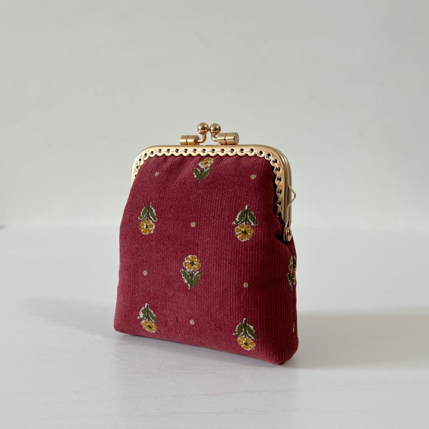 Wine Red Corduroy Florals Card Purse - Handsewn Kiss Lock Purse