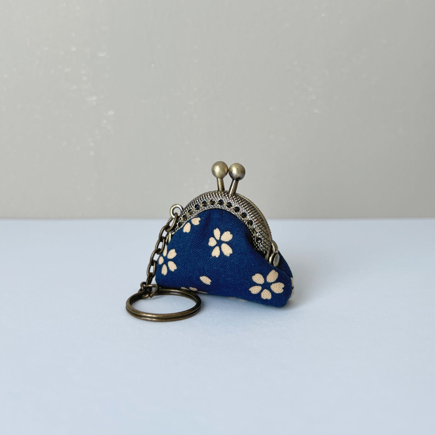 Blue Cherry Blossom - Handmade Mini Tiny Fabric Kiss Lock Purse Keychain