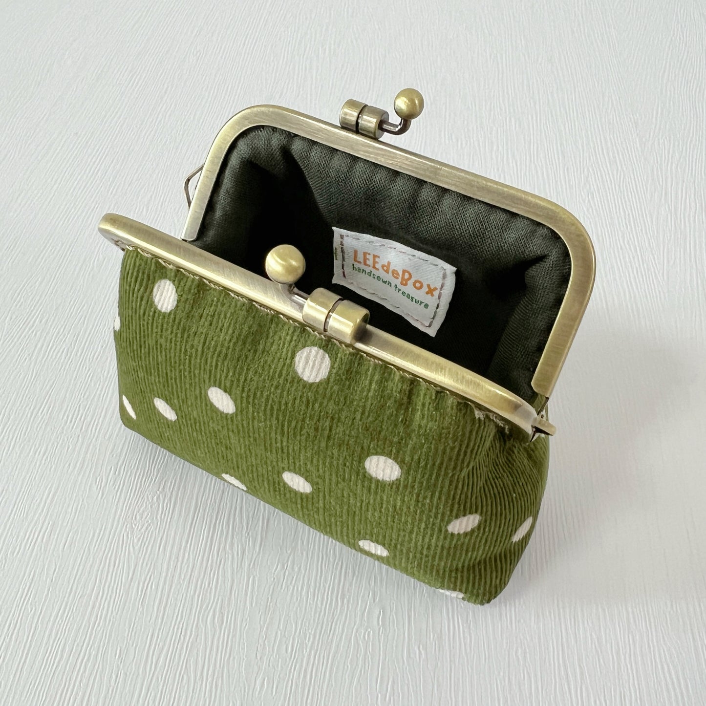 Green Polka Dots Corduroy Fabric Purse - Handsewn Kiss Lock Purse