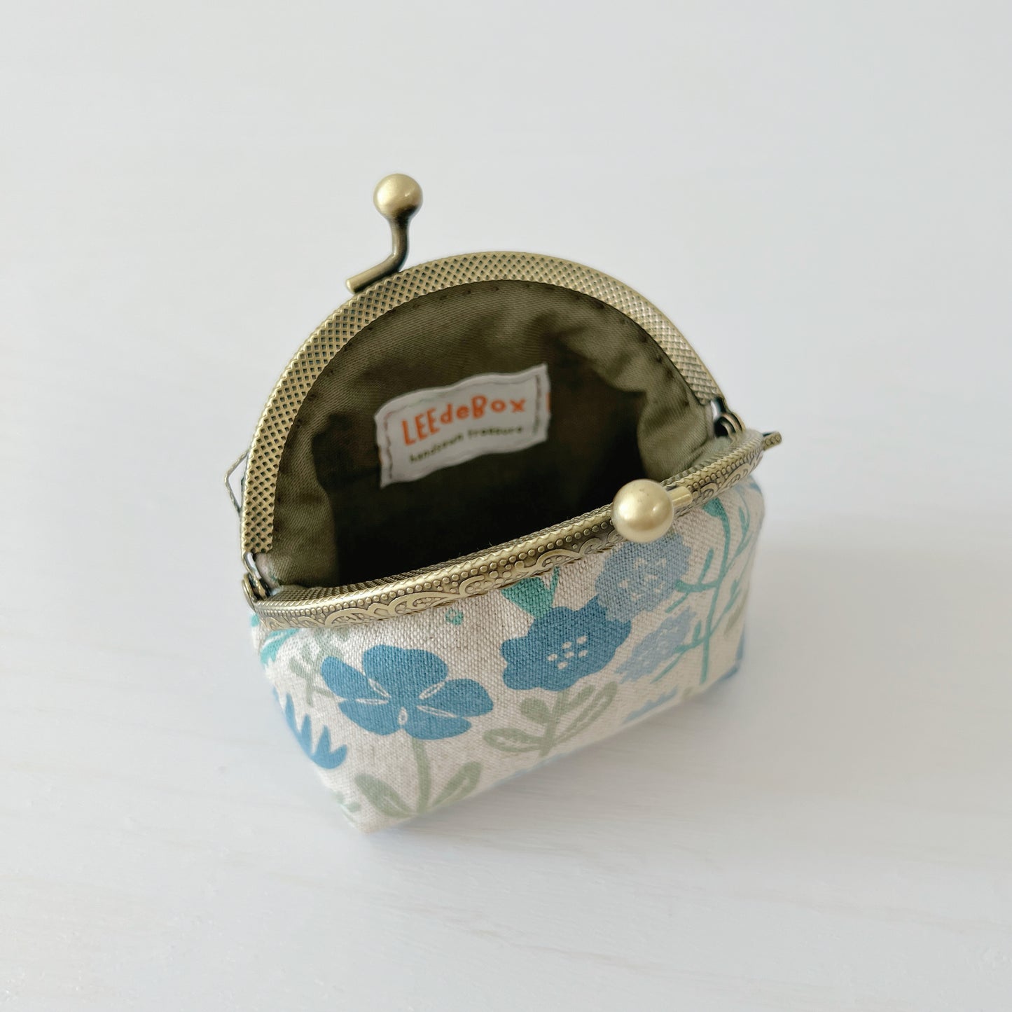 Handmade Round Kiss Lock Fabric Purse - Vintage Soft Blue Floral Linen