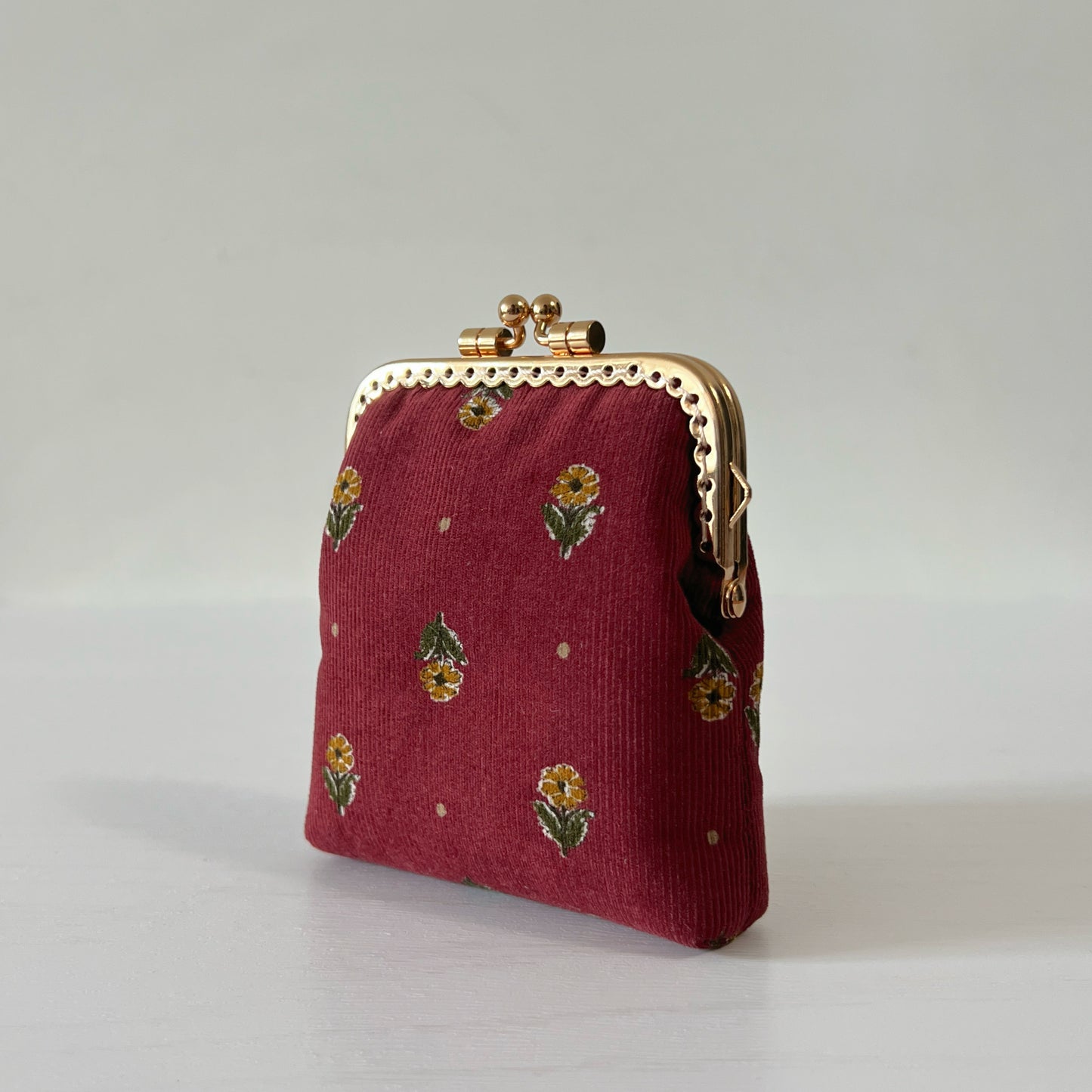 Wine Red Corduroy Florals Card Purse - Handsewn Kiss Lock Purse