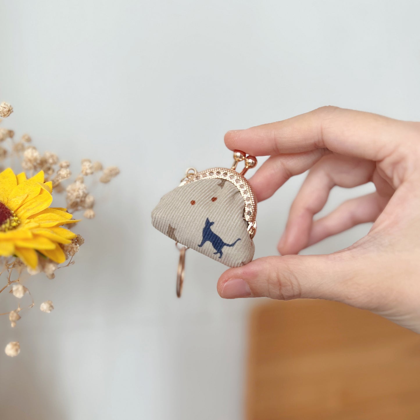 Beige Blue Cats Corduroy - Handsewn Tiny Kiss Lock Purse Keychain
