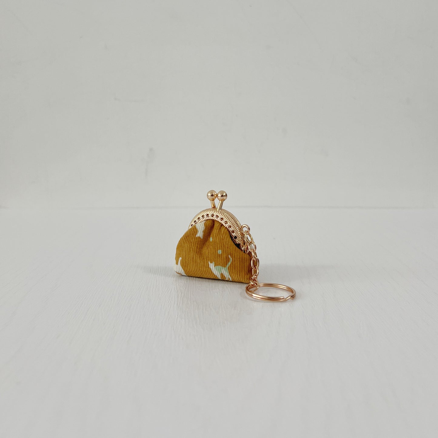 Mustard Yellow Cats Corduroy - Handsewn Tiny Kiss Lock Purse Keychain