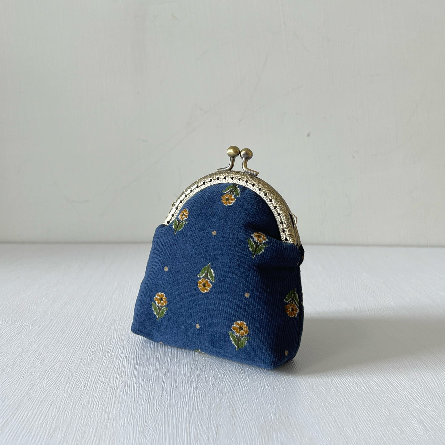 Red or Blue Floral Corduroy Half Round Kiss Lock Purse - Handmade Fabric Purse