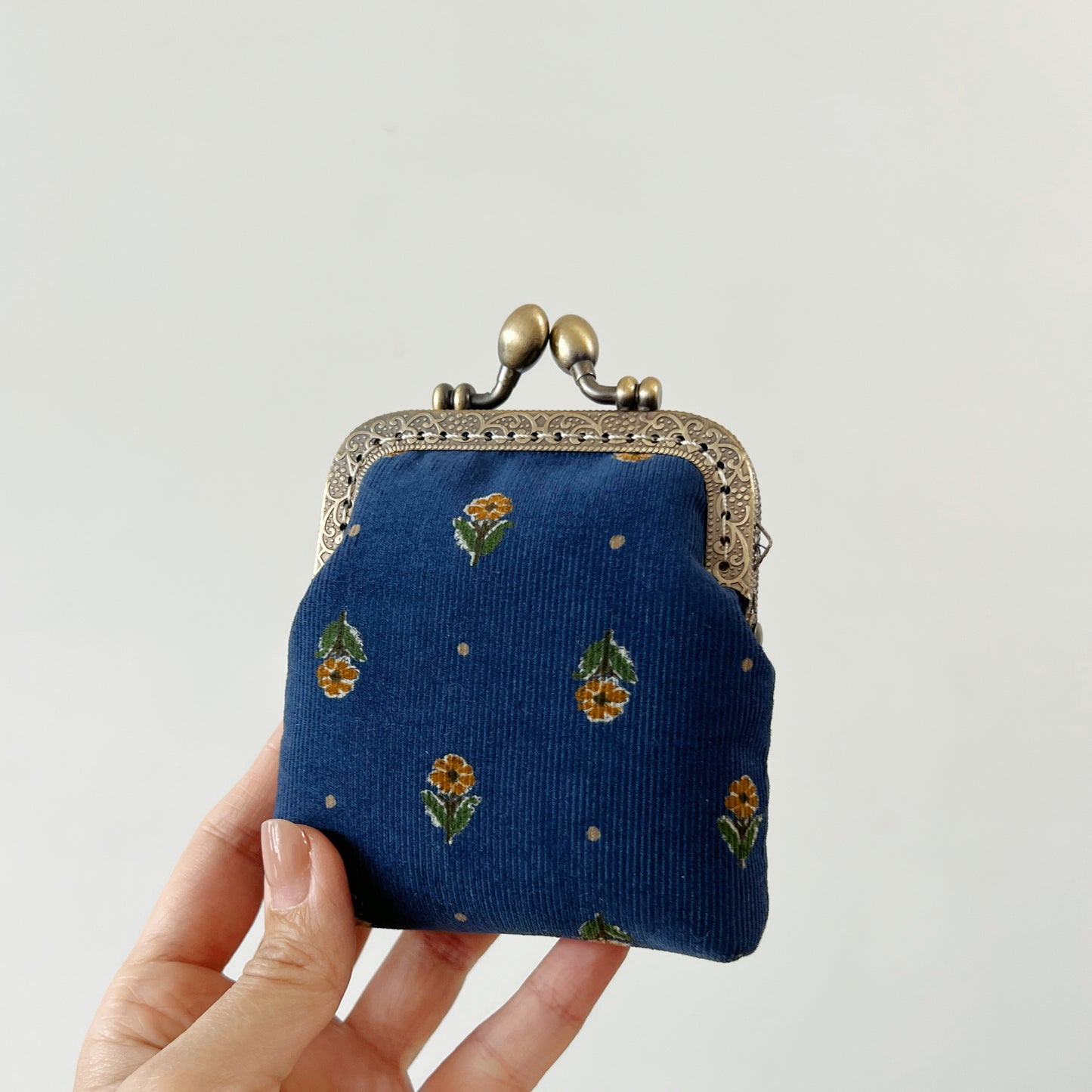 Old Blue Corduroy Florals Card Purse - Handsewn Kiss Lock Purse