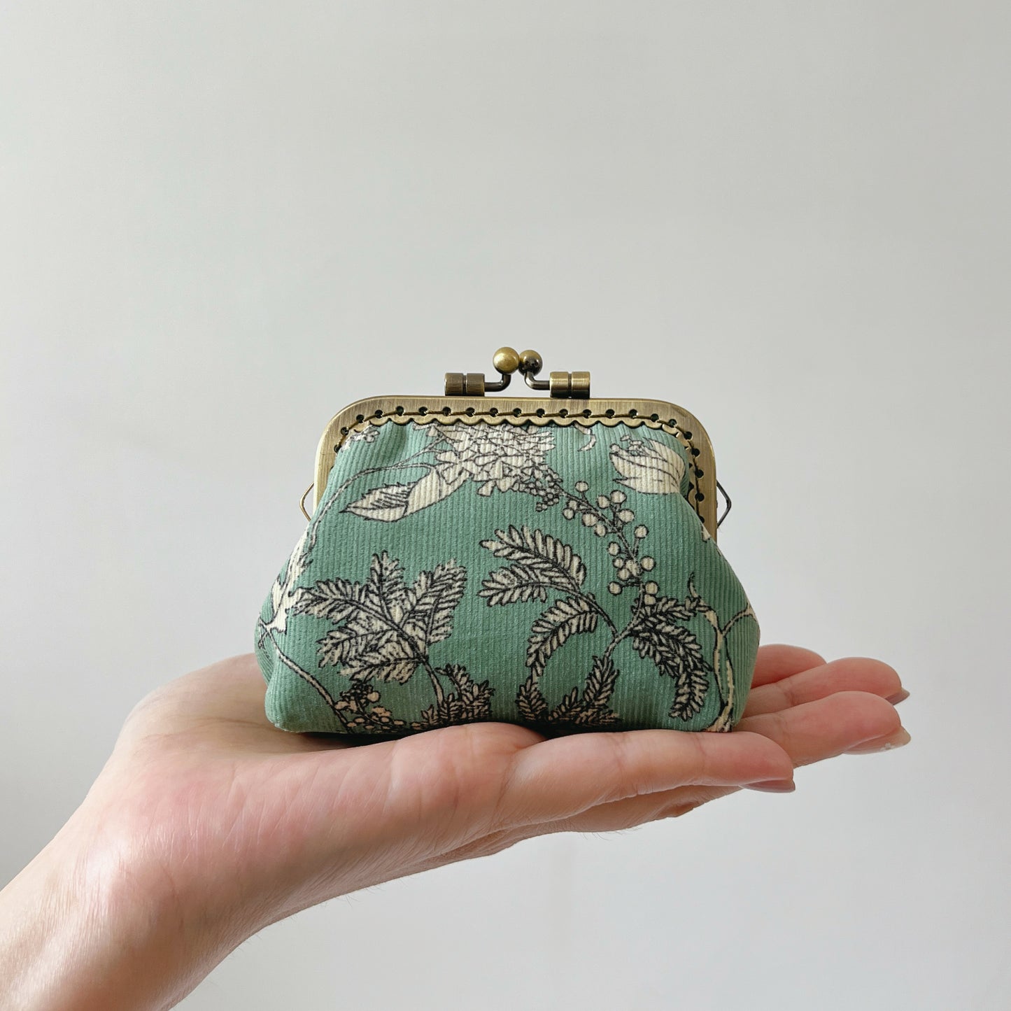Mint Green Floral - Handmade Fabric Kiss Lock Purse