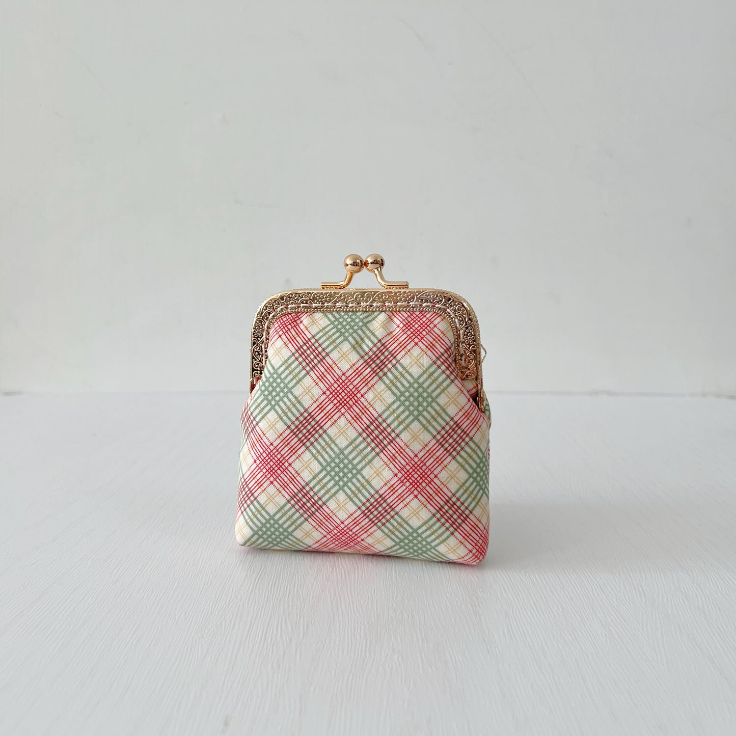Handsewn Kiss Lock Card Purse - Red Green Cotton Tartan Pattern