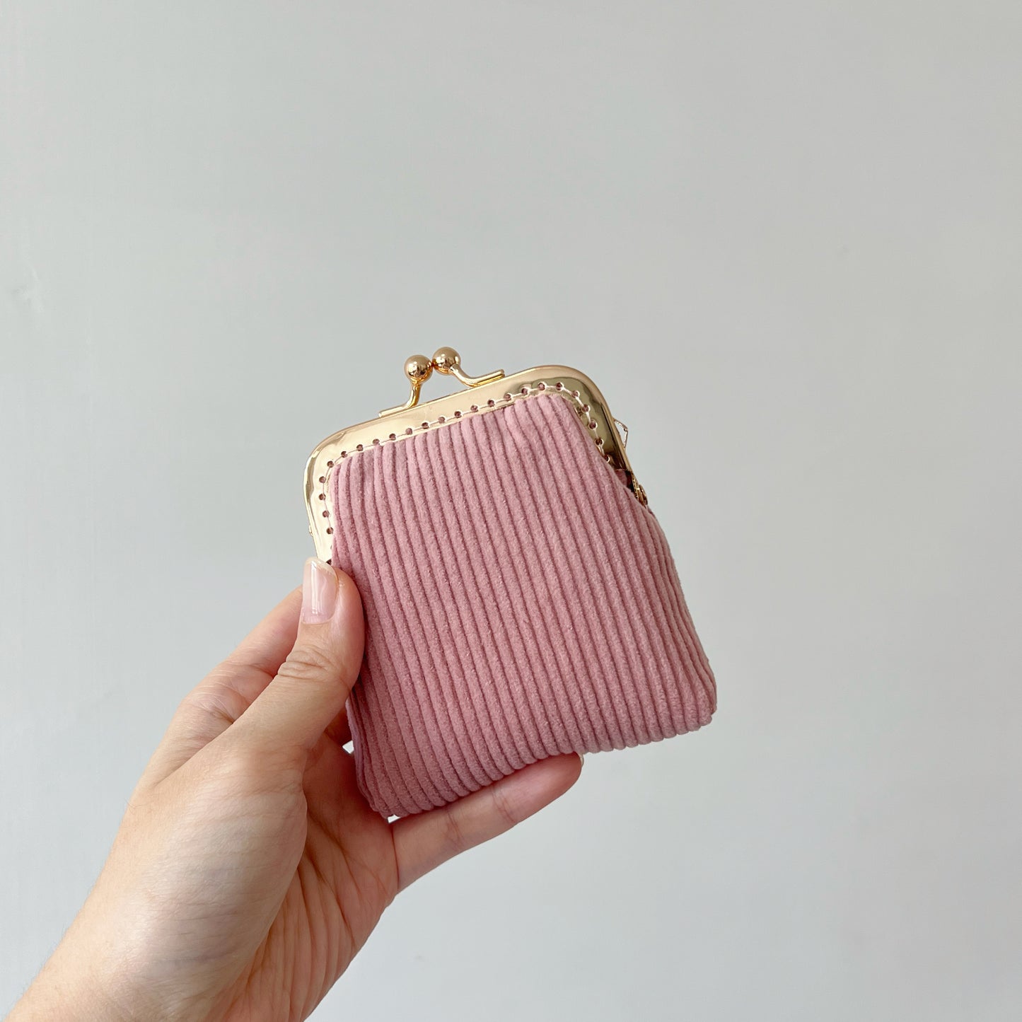 Pink Corduroy Card Purse - Handsewn Kiss Lock Purse
