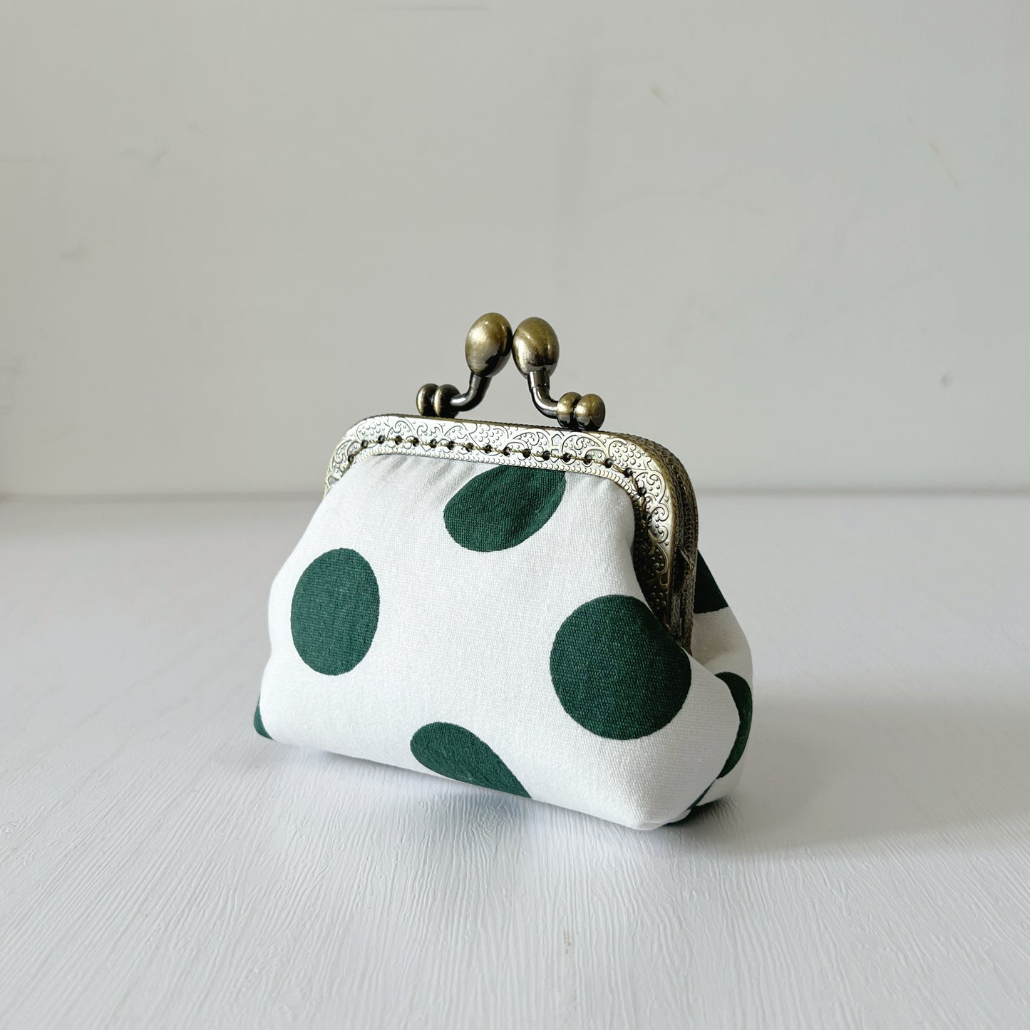 Green Big Polka Dots - Handmade Kiss Lock Coin Purse