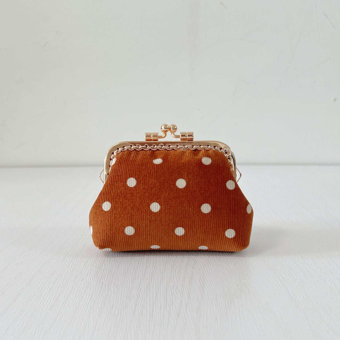 Orange Polka Dots Corduroy Fabric Purse - Handsewn Kiss Lock Purse