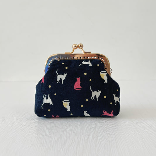 Black Pink Cats - Handmade Corduroy Fabric Kiss Lock Purse