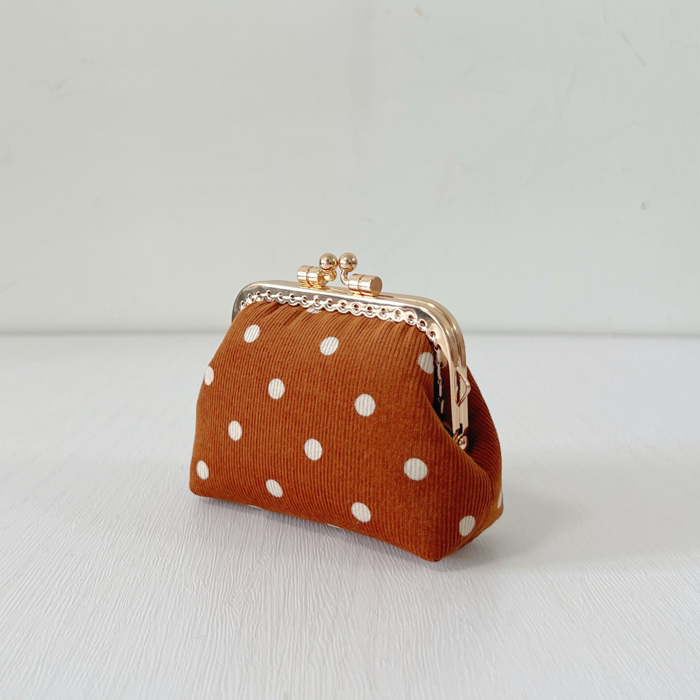 Orange Polka Dots Corduroy Fabric Purse - Handsewn Kiss Lock Purse