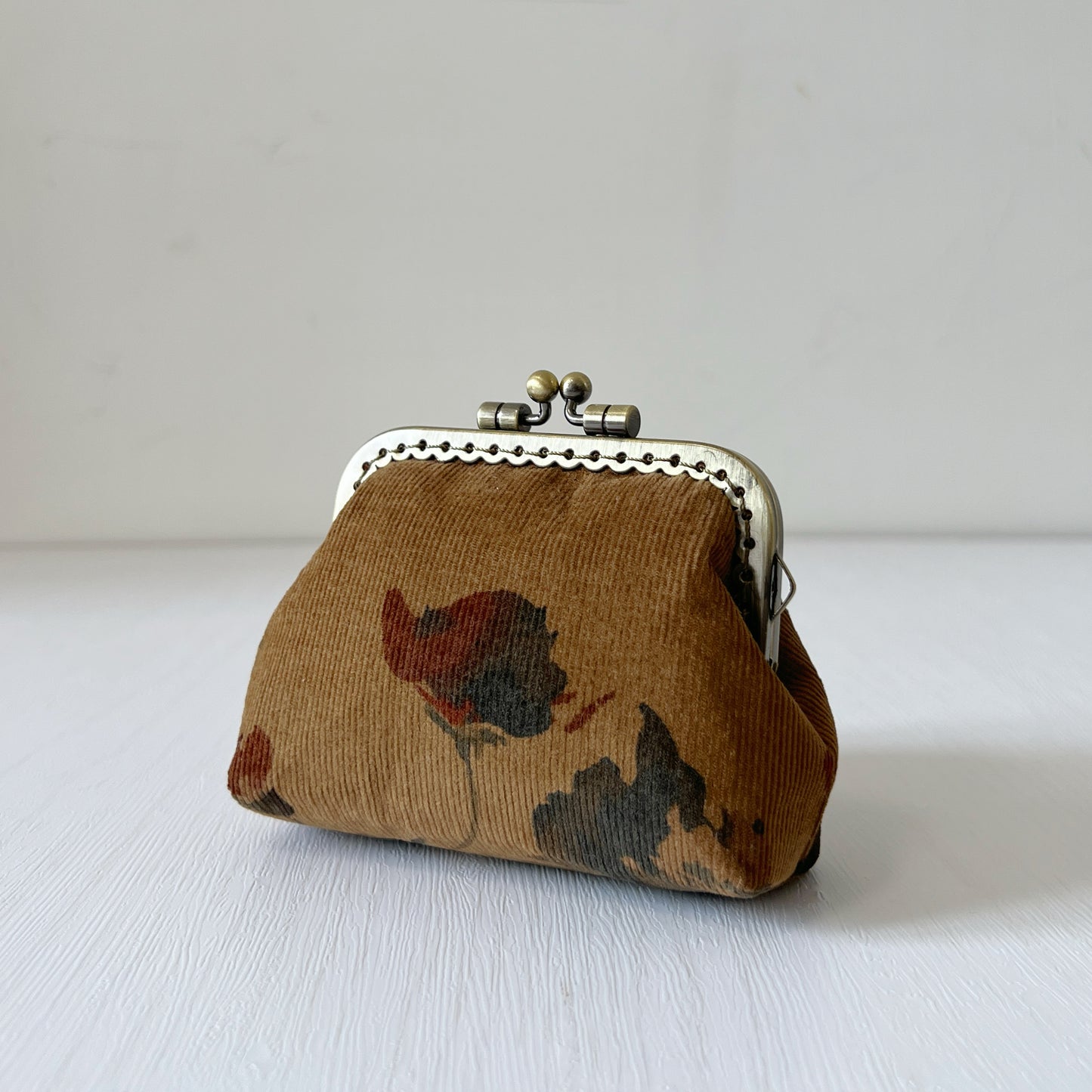 Brown Oriental Floral - Handmade Corduroy Fabric Kiss Lock Purse