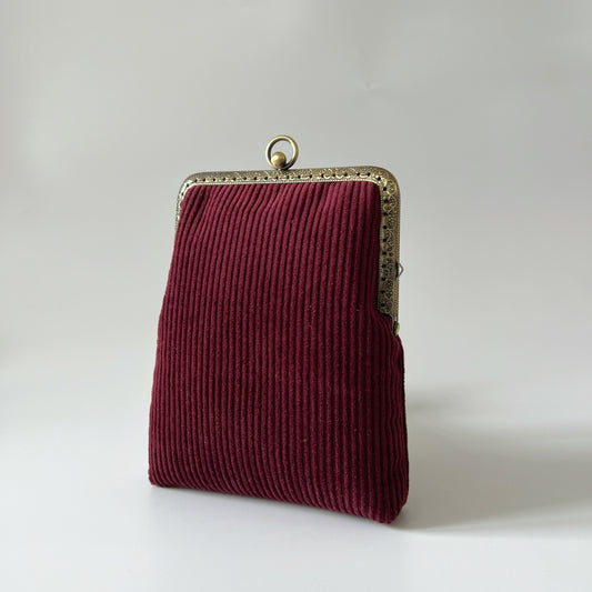 Vintage Wine Red Corduroy- Handsewn Kiss Lock Fabric Clutch