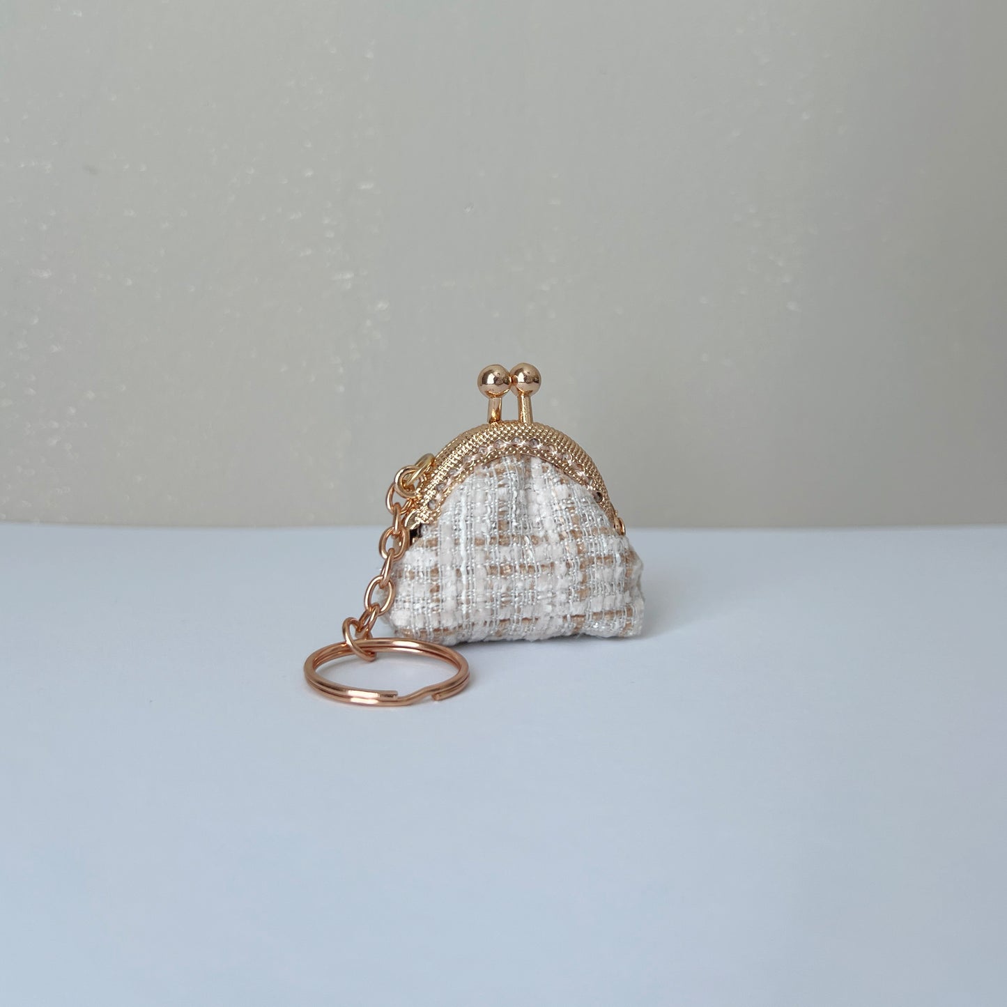 Beige Bouclé Tweed - Handmade Mini Tiny Fabric Kiss Lock Purse Keychain