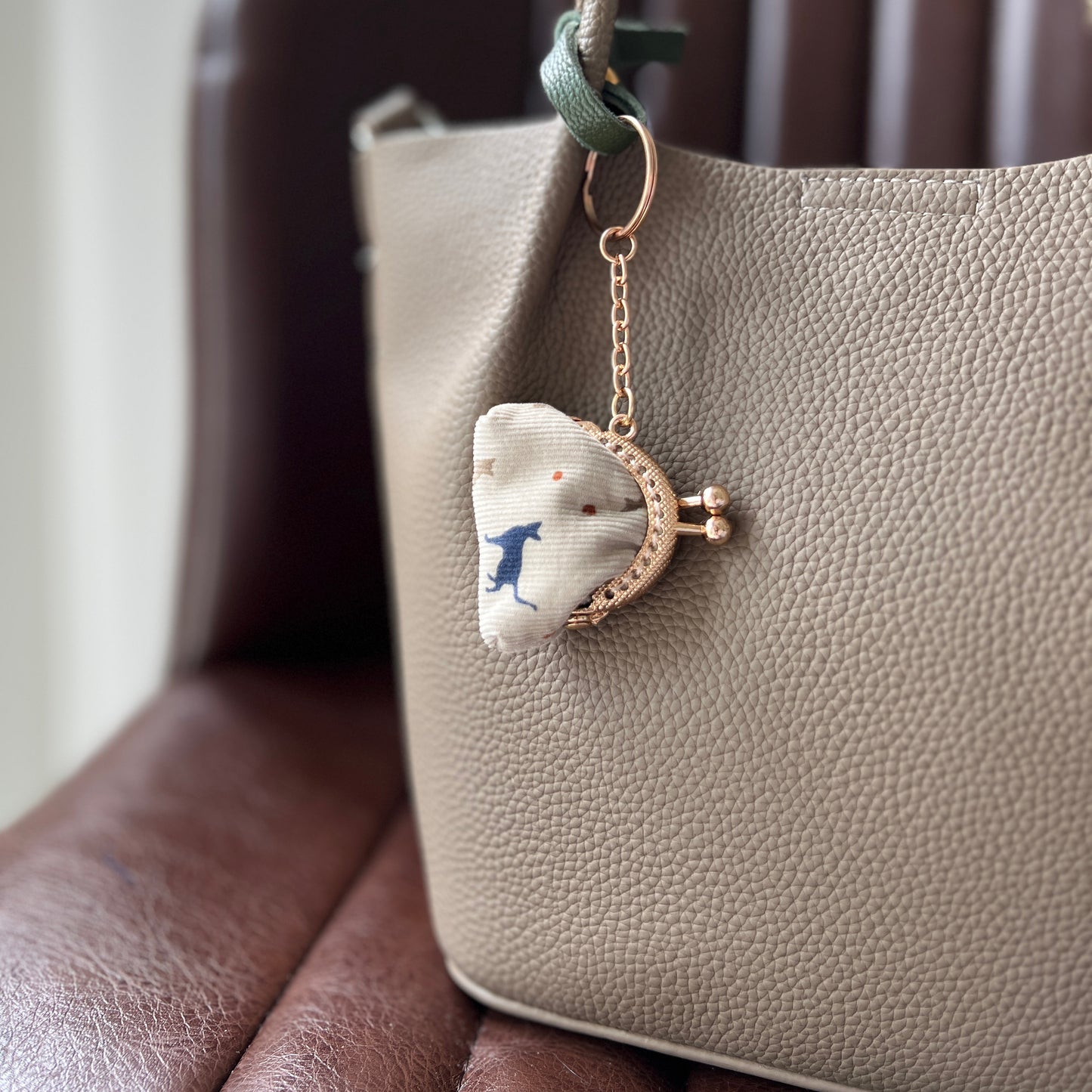 Beige Blue Cats Corduroy - Handsewn Tiny Kiss Lock Purse Keychain