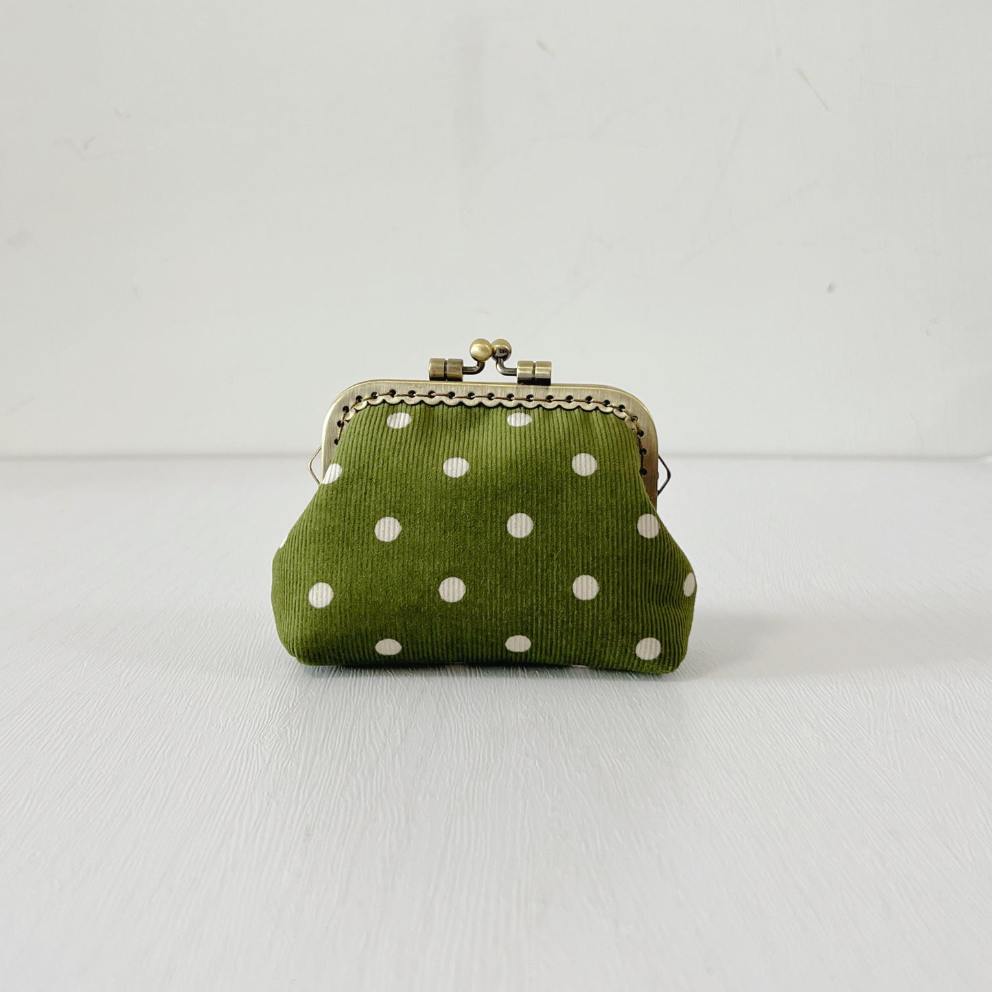 Green Polka Dots Corduroy Fabric Purse - Handsewn Kiss Lock Purse