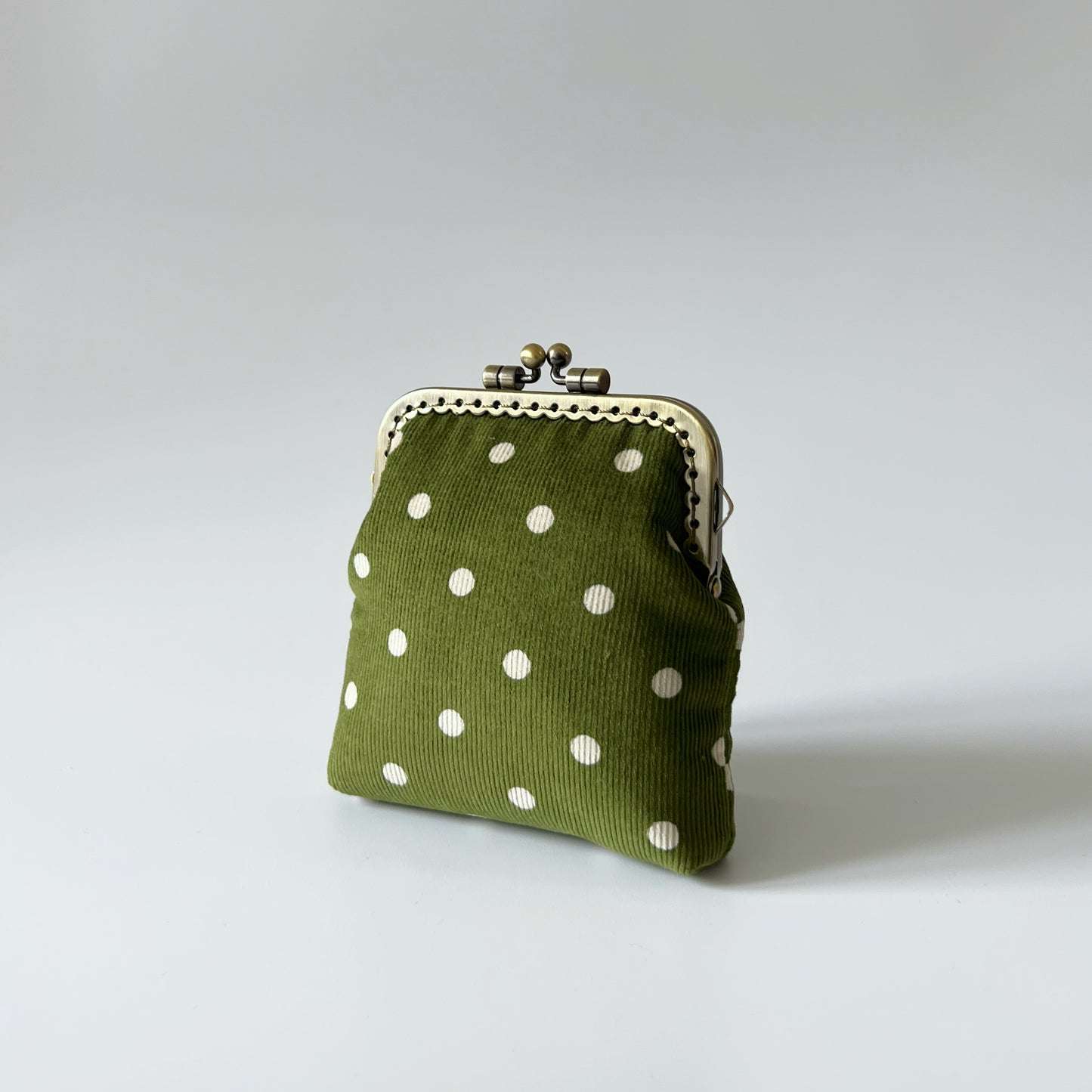 Olive Green Corduroy Polka Dots Card Purse - Handsewn Kiss Lock Fabric Purse