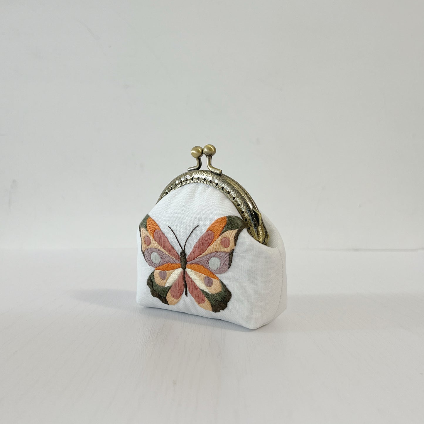 Handsewn Round Kiss Lock Coin Purse - Floral Butterfly Embroidery