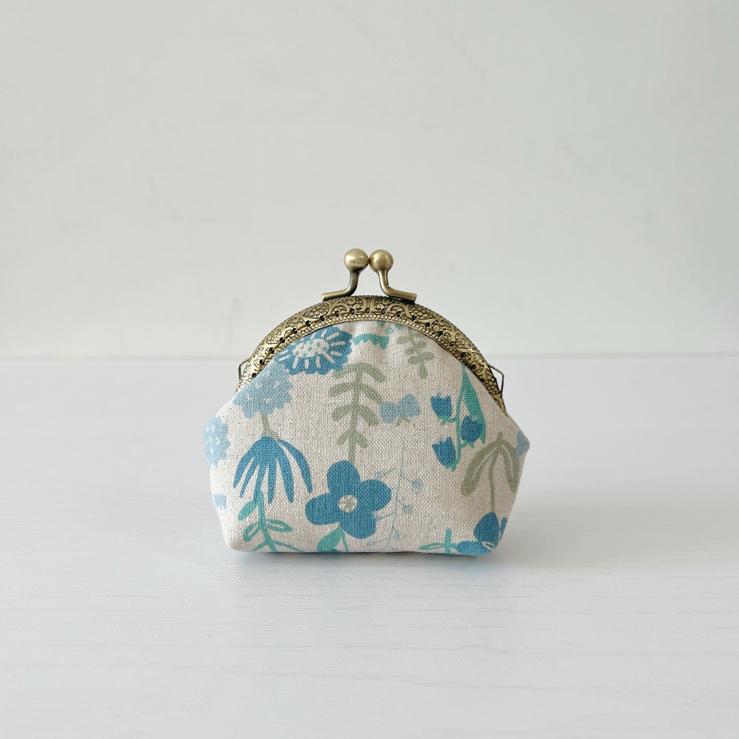 Handmade Round Kiss Lock Fabric Purse - Vintage Soft Blue Floral Linen